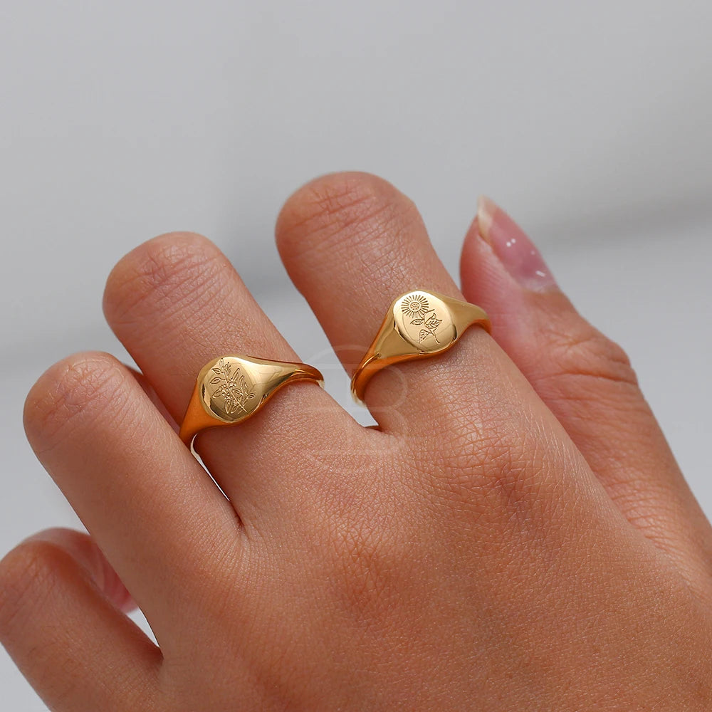 18k Gold Plated Flower Signet Ring