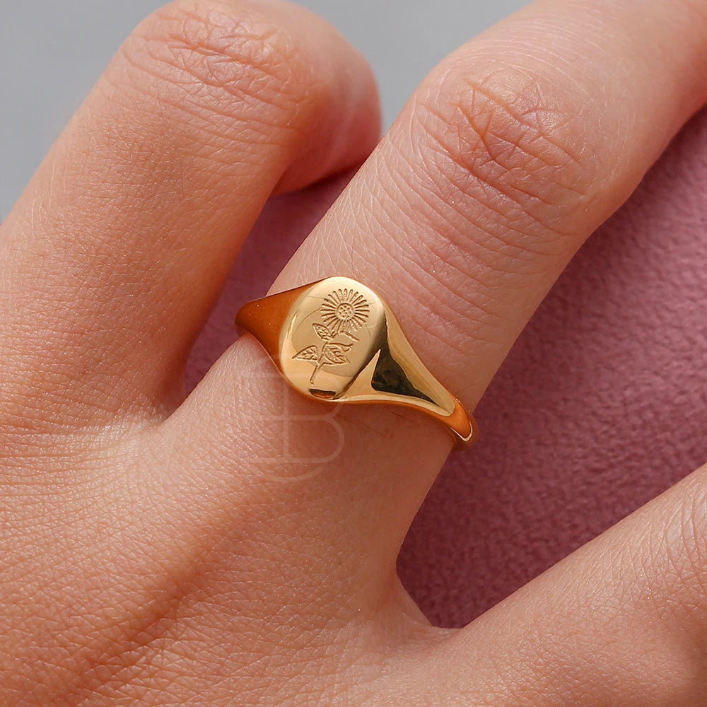 18k Gold Plated Flower Signet Ring