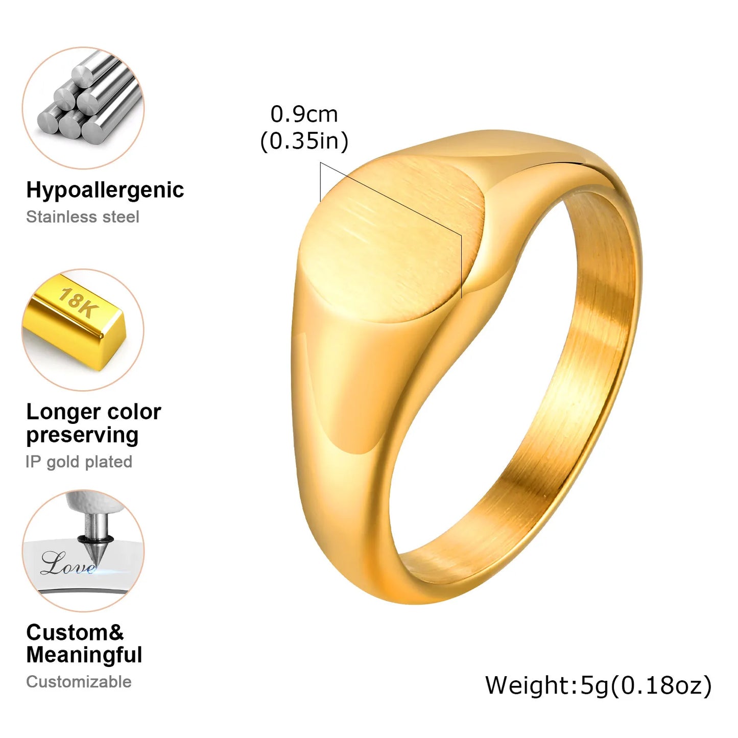 18K Gold Plated Engravable Signet Ring