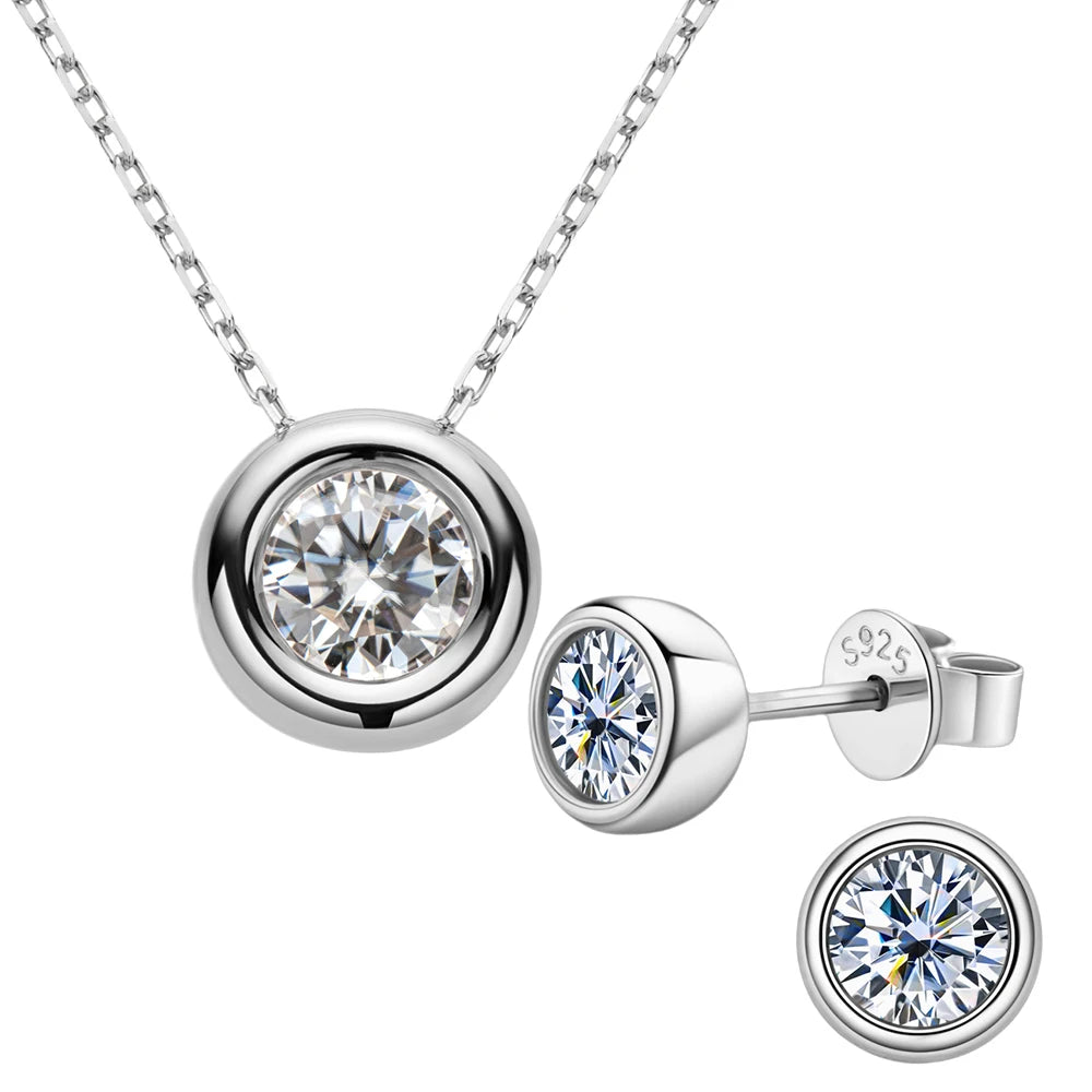 Bezel Moissanite Stud Earrings and Pendant Necklace