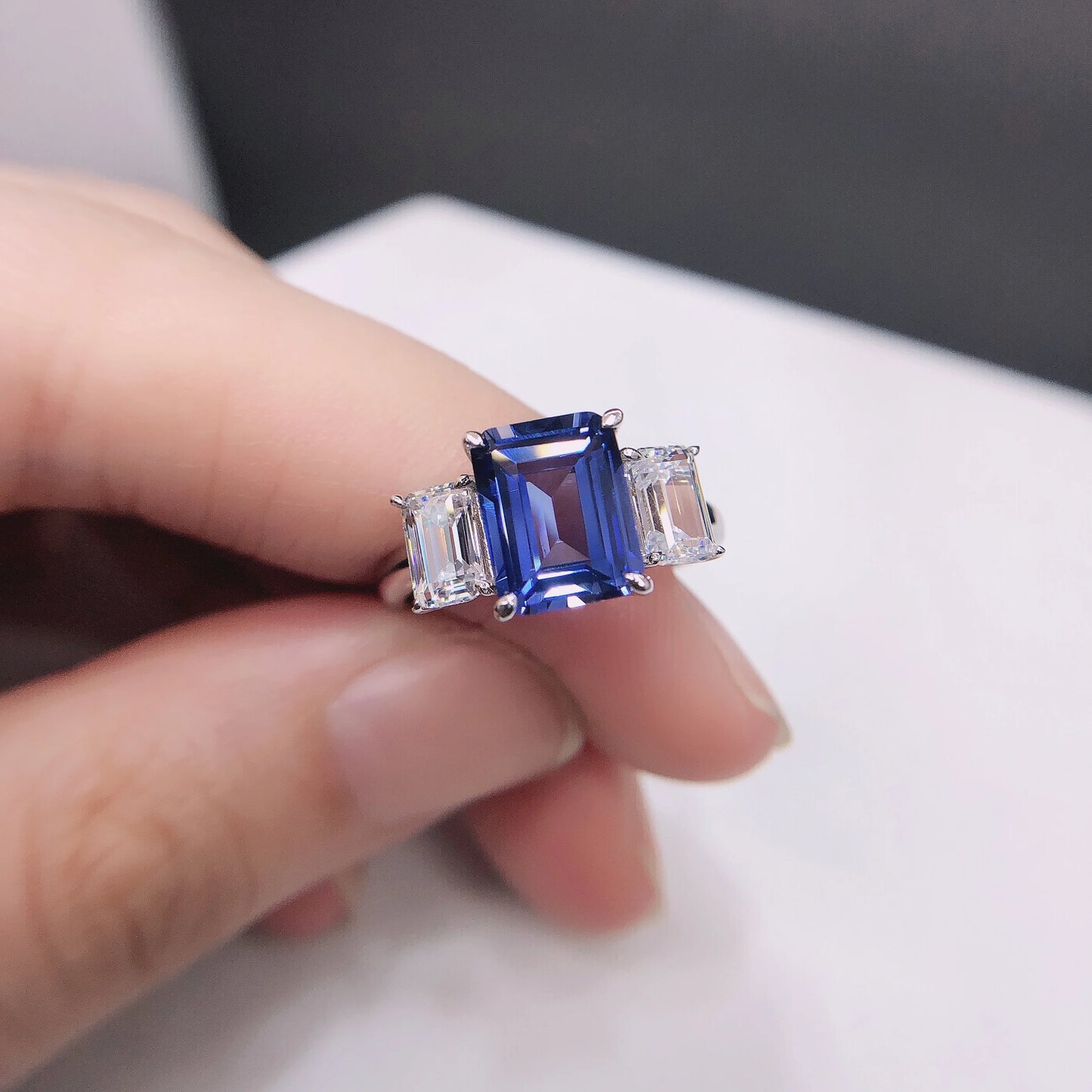 3Ct Emerald-Cut Created Blue Sapphire Ring - 14K White Gold