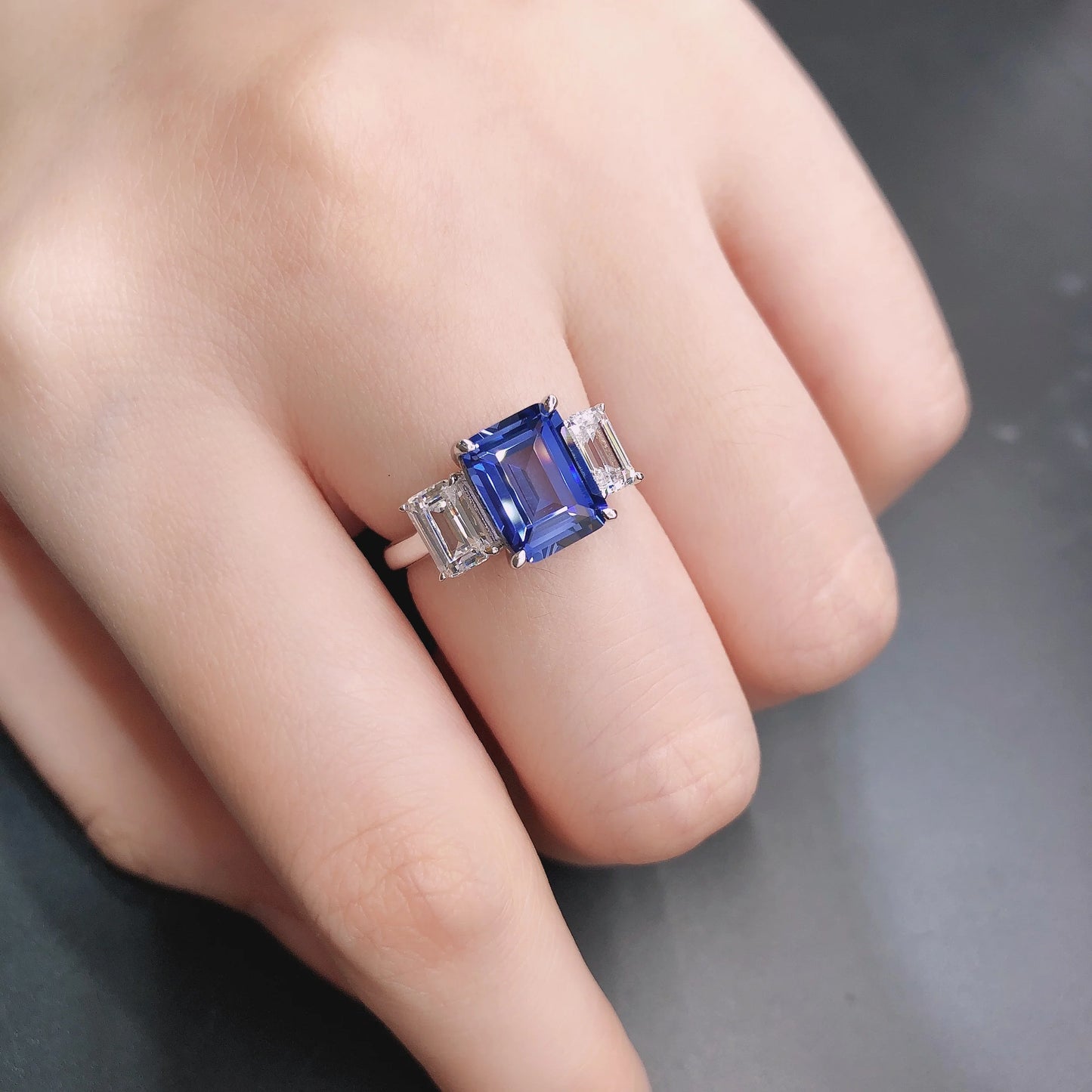 3Ct Emerald-Cut Created Blue Sapphire Ring - 14K White Gold