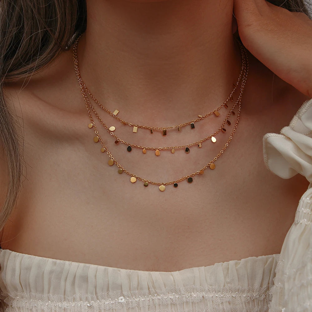 18k Gold Color Circle/Square Drop Choker Necklace