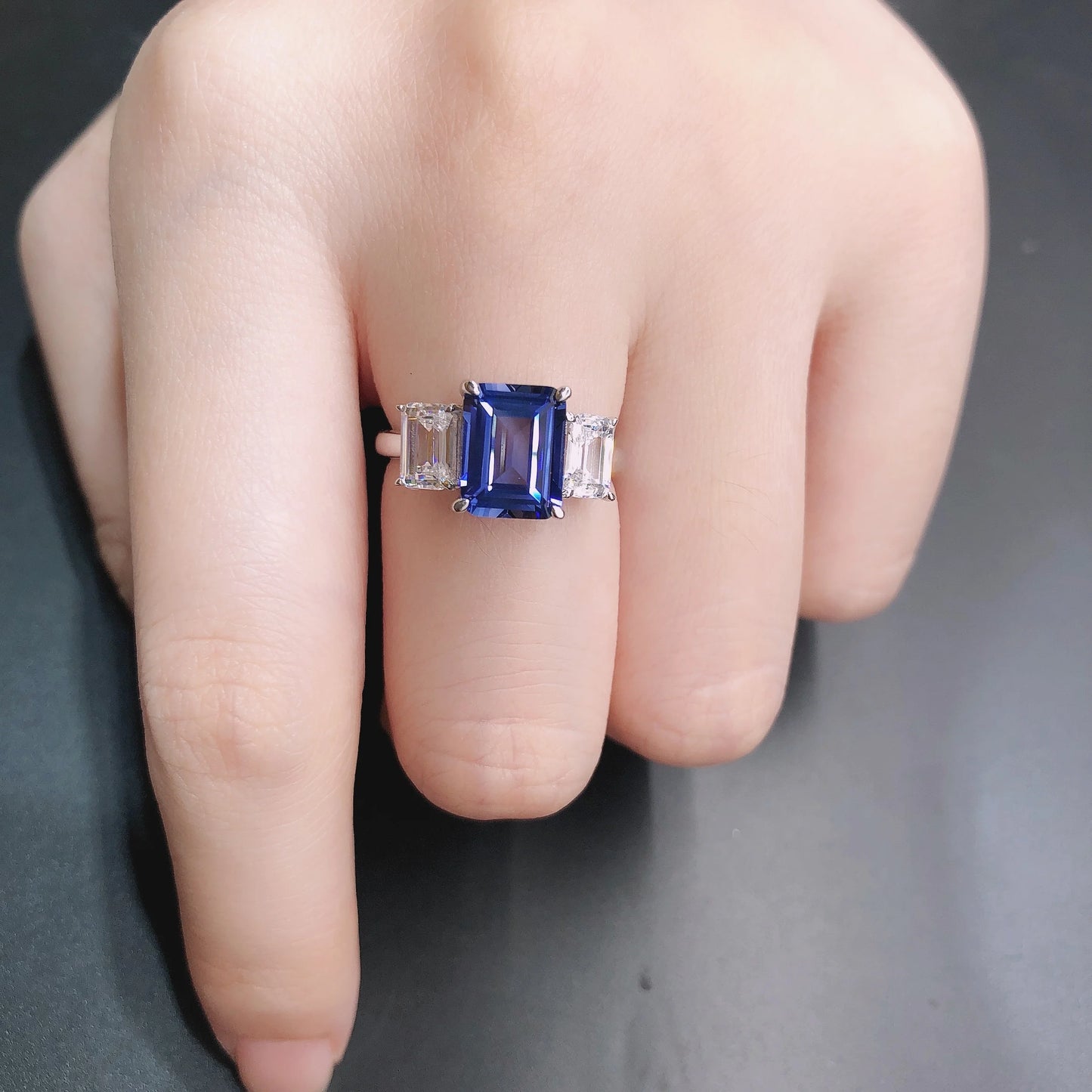 3Ct Emerald-Cut Created Blue Sapphire Ring - 14K White Gold