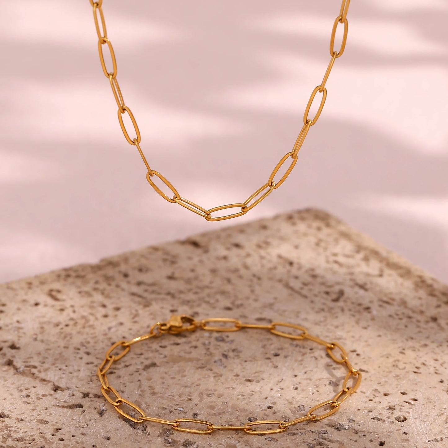 18K Gold Plated Paper Clip Chain Necklaces and Bracelet