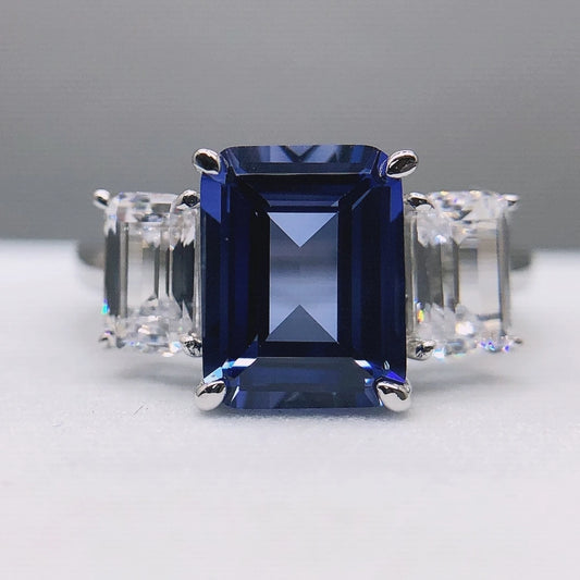 3Ct Emerald-Cut Created Blue Sapphire Ring - 14K White Gold