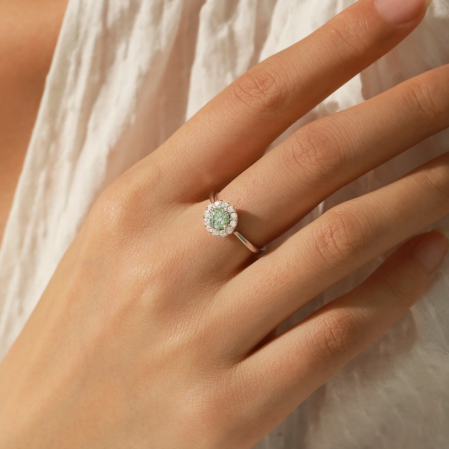 Teal Moissanite Halo Ring - 925 Sterling Silver