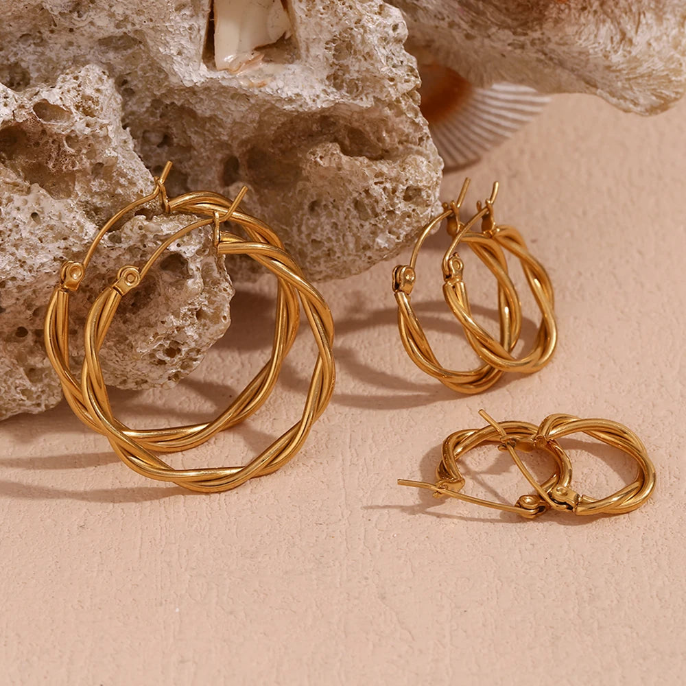 18K Gold Plated Thin Twists Hoop Earrings