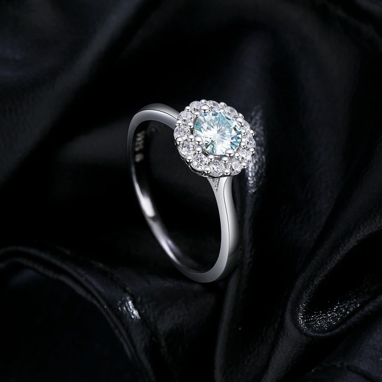 Teal Moissanite Halo Ring - 925 Sterling Silver