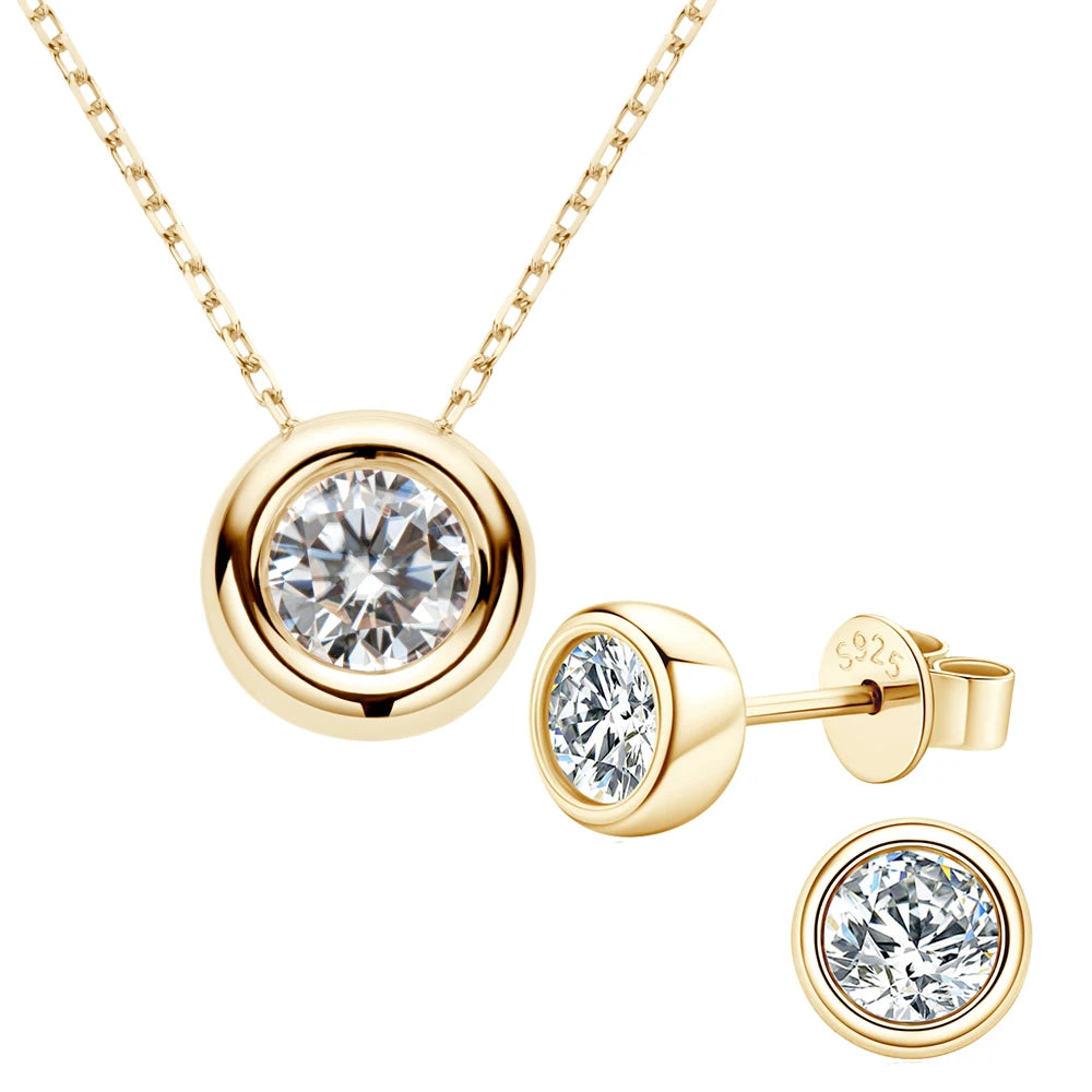 Bezel Moissanite Stud Earrings and Pendant Necklace