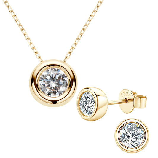 Bezel Moissanite Stud Earrings and Pendant Necklace