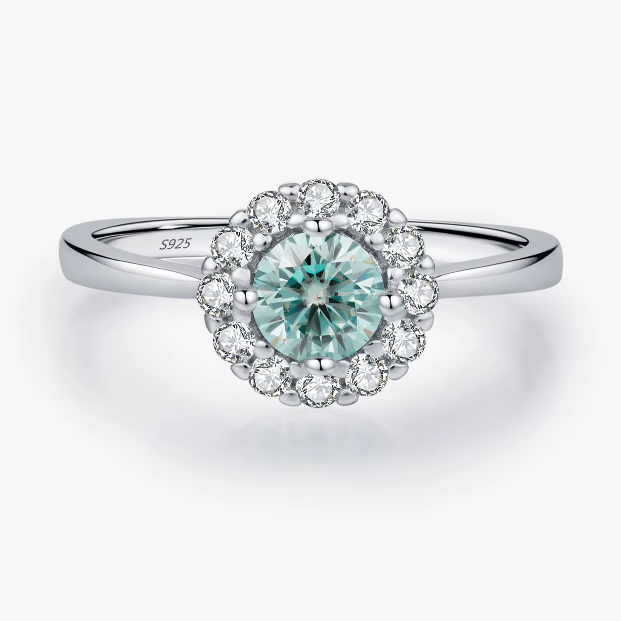 Teal Moissanite Halo Ring - 925 Sterling Silver